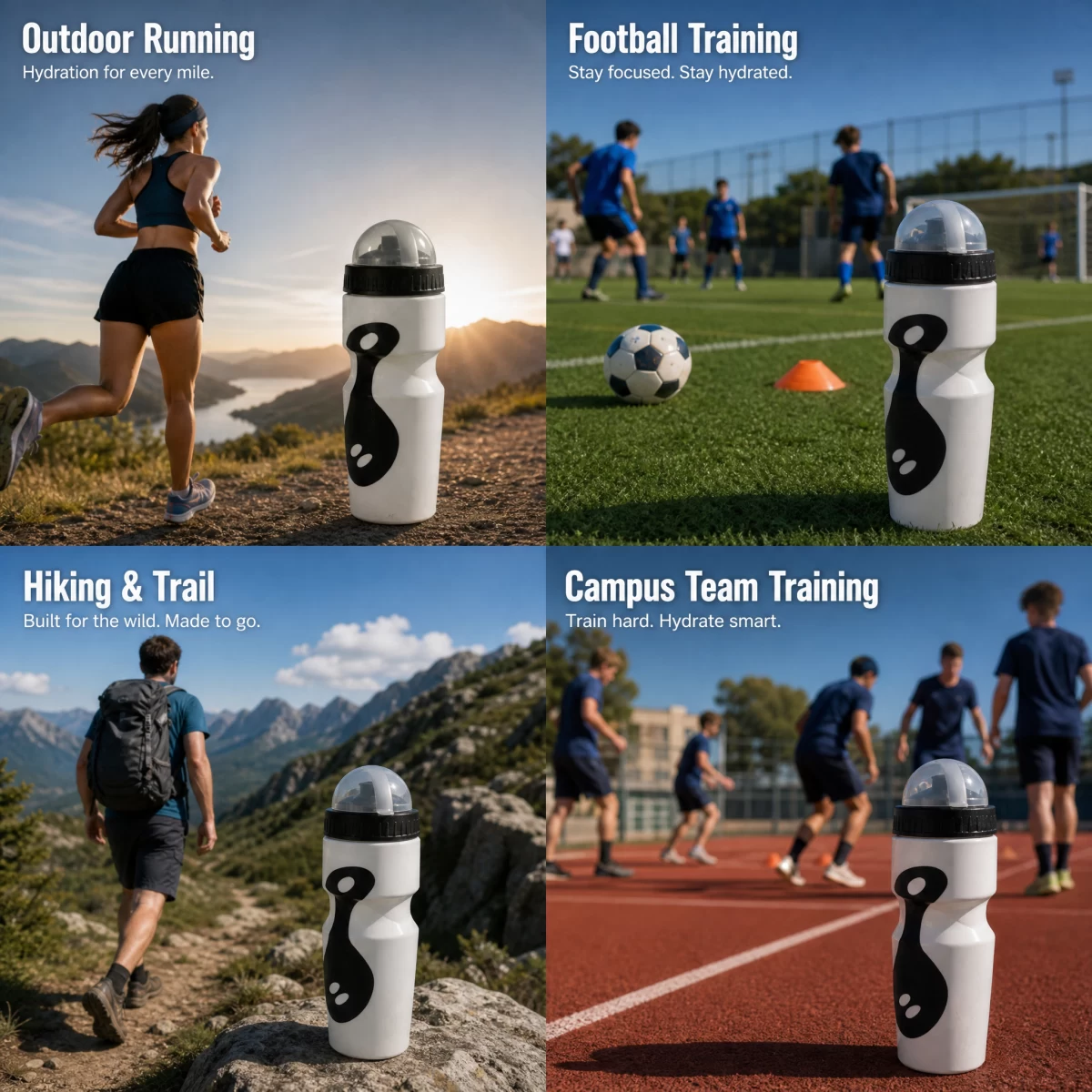 Flip Dust Cover Squeeze Sports Water Bottle, 650ml / 22oz Food Grade PE One-Way Self-Sealing Nozzle Water Bottle, Ergonomic Concave Grip Bike Sports Bottle for Running Football Hiking Team Sports | Blank Custom Logo Wholesale