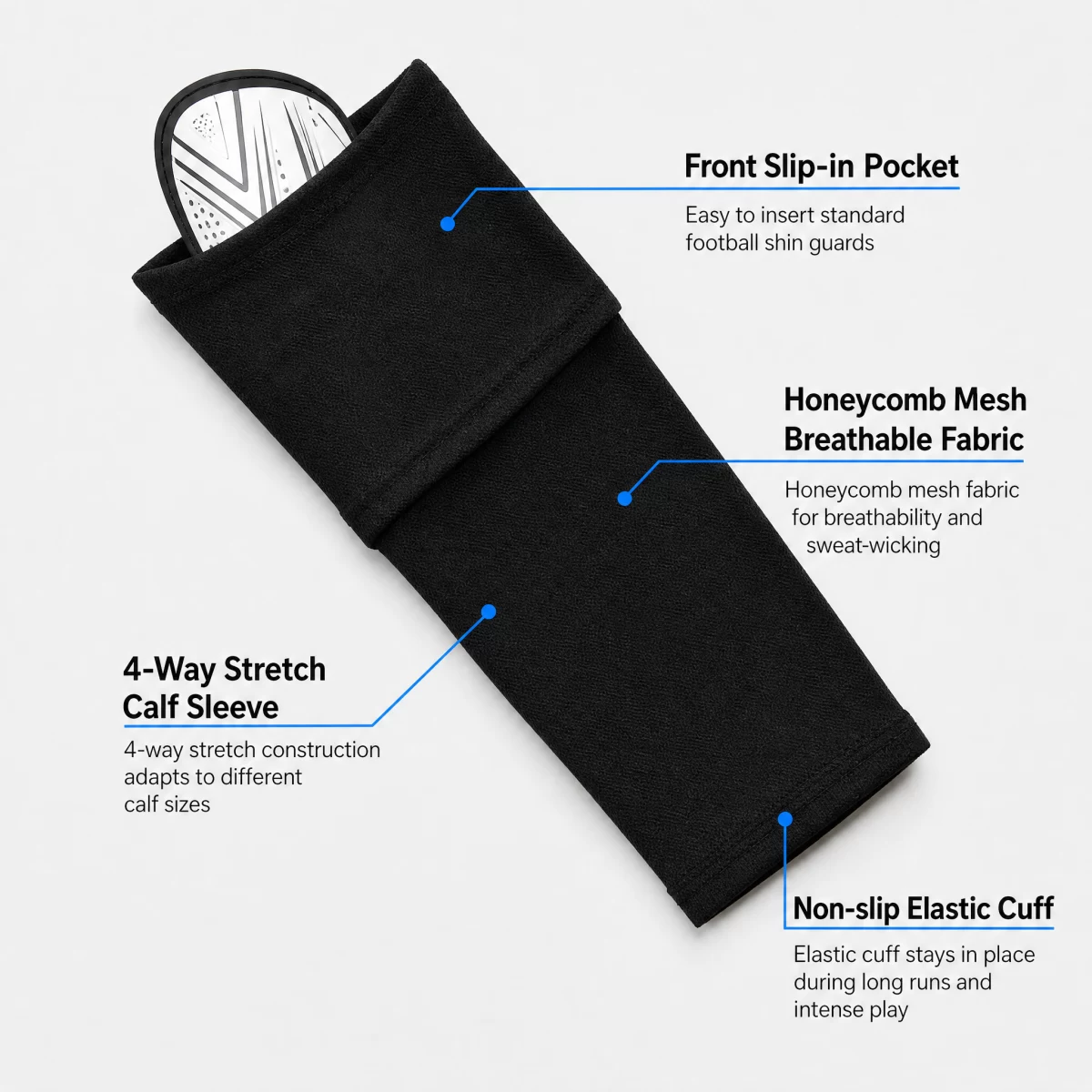 Honeycomb Mesh Shin Guard Sleeve with Built-in Front Pocket, 4-Way Stretch Anti-Shift Calf Compression Sleeves for Youth & Adult Soccer Training Matches | Custom Logo Factory Wholesale