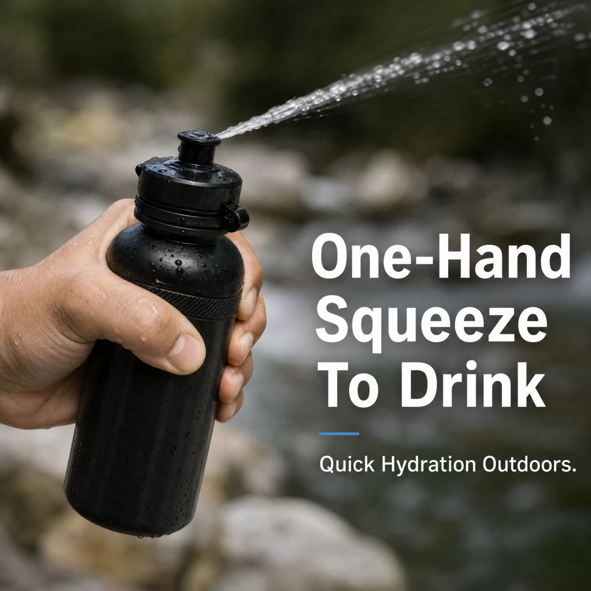 Matte Black Aluminum Squeeze Tactical Water Bottle, 750ml / 25oz Lightweight Portable Outdoor Water Bottle with Self-Sealing Nozzle & Side Loop for Hiking Camping Tactical Training Daily Carry | Blank Custom Logo Wholesale