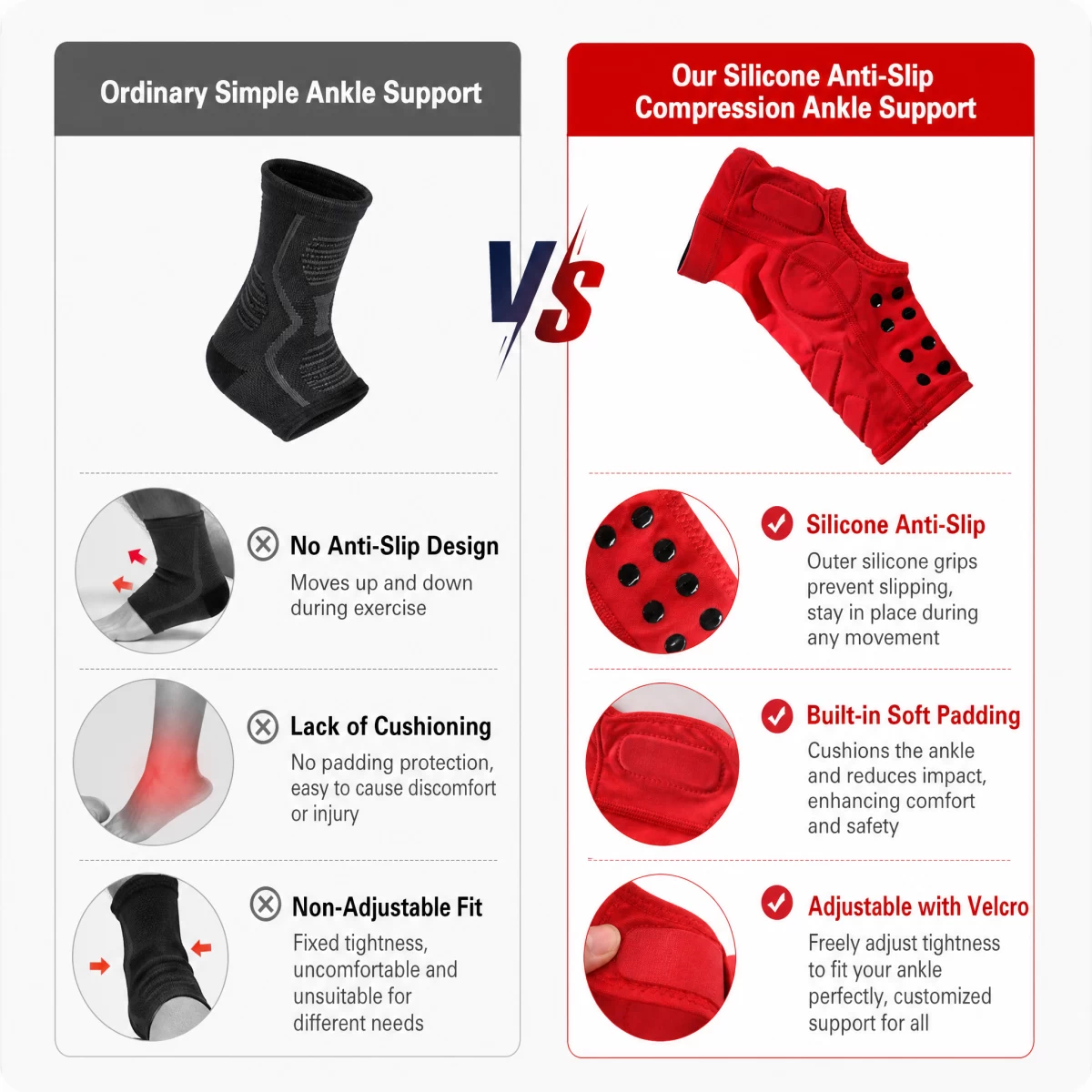 Silicone Anti-slip Padded Ankle Brace, Adjustable Velcro Compression Ankle Support for Basketball Running Hiking, Injury Recovery Ankle Stabilizer | Custom Logo Factory Wholesale