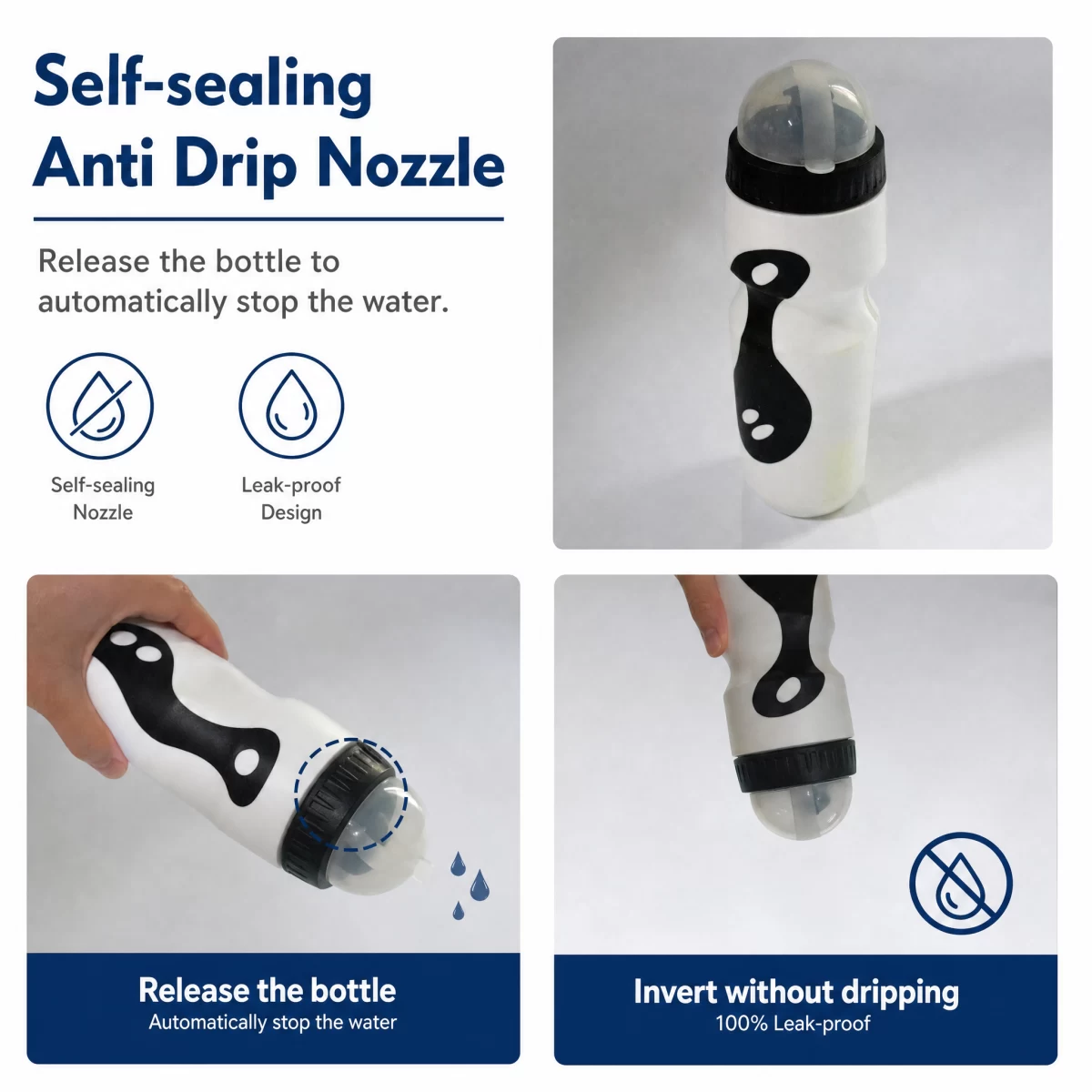 Flip Dust Cover Squeeze Sports Water Bottle, 650ml / 22oz Food Grade PE One-Way Self-Sealing Nozzle Water Bottle, Ergonomic Concave Grip Bike Sports Bottle for Running Football Hiking Team Sports | Blank Custom Logo Wholesale