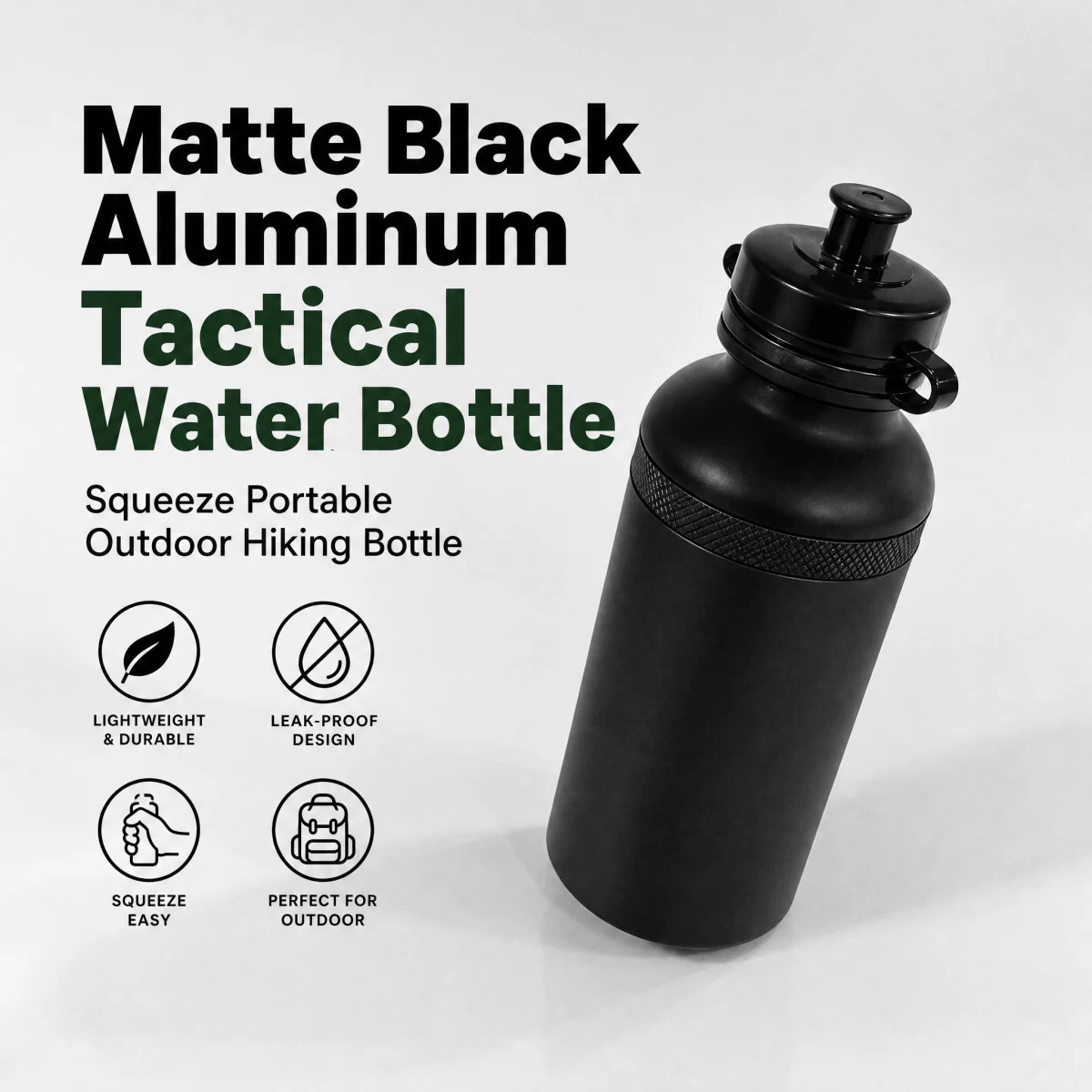 Matte Black Aluminum Squeeze Tactical Water Bottle, 750ml / 25oz Lightweight Portable Outdoor Water Bottle with Self-Sealing Nozzle & Side Loop for Hiking Camping Tactical Training Daily Carry | Blank Custom Logo Wholesale