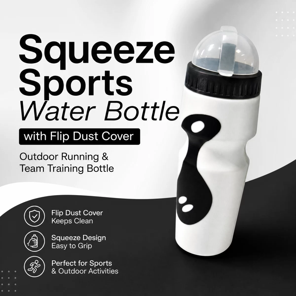 Flip Dust Cover Squeeze Sports Water Bottle, 650ml / 22oz Food Grade PE One-Way Self-Sealing Nozzle Water Bottle, Ergonomic Concave Grip Bike Sports Bottle for Running Football Hiking Team Sports | Blank Custom Logo Wholesale