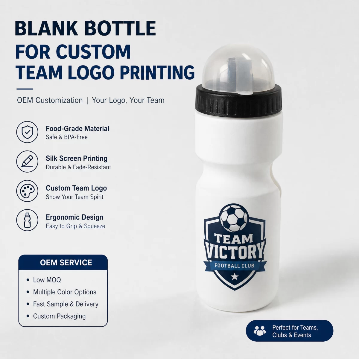 Flip Dust Cover Squeeze Sports Water Bottle, 650ml / 22oz Food Grade PE One-Way Self-Sealing Nozzle Water Bottle, Ergonomic Concave Grip Bike Sports Bottle for Running Football Hiking Team Sports | Blank Custom Logo Wholesale