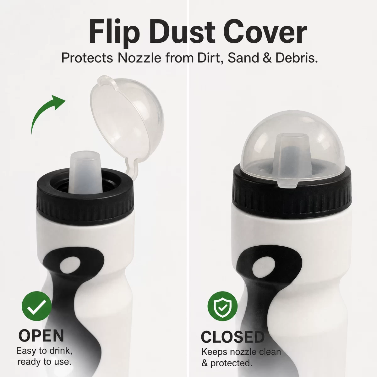 Flip Dust Cover Squeeze Sports Water Bottle, 650ml / 22oz Food Grade PE One-Way Self-Sealing Nozzle Water Bottle, Ergonomic Concave Grip Bike Sports Bottle for Running Football Hiking Team Sports | Blank Custom Logo Wholesale