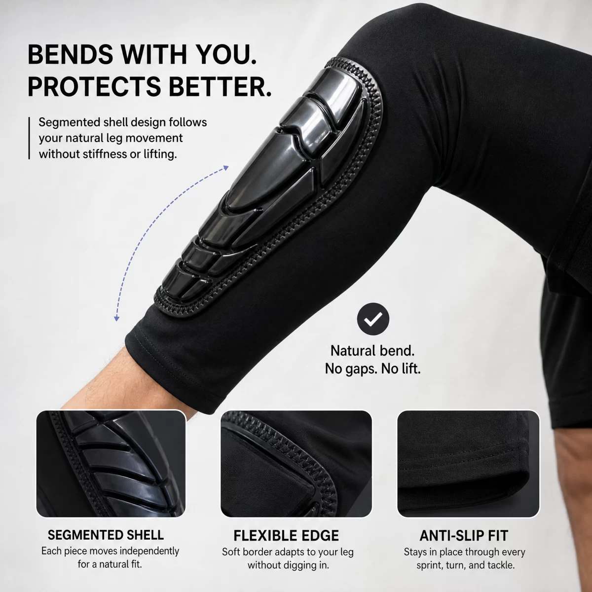 Segmented Hard Shell Shin Guards, Slip-On Elastic Sleeve Calf Protector, Ergonomic Flexible MTB Motorcycle Skateboard Hockey Shin Pads, Custom Logo Factory Wholesale