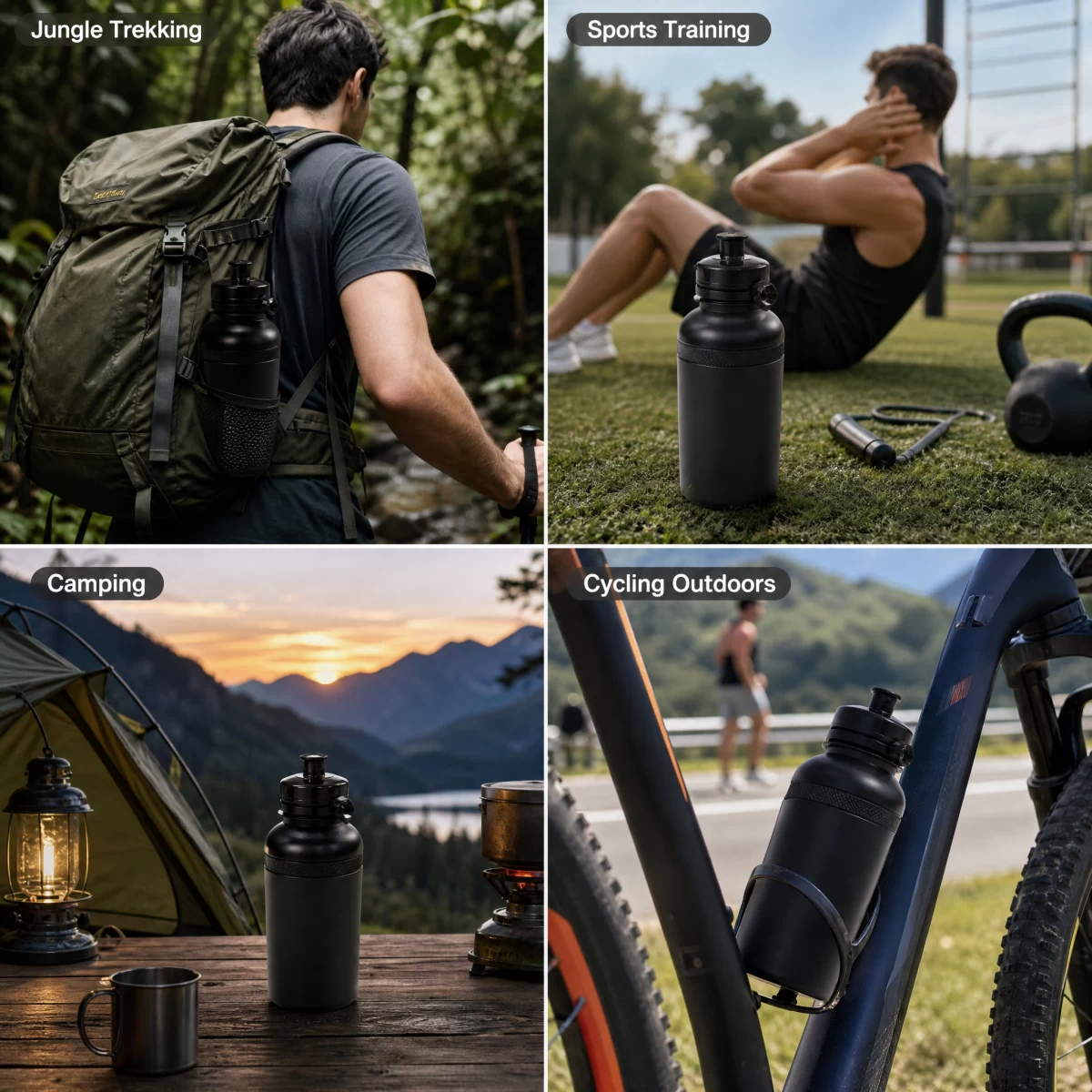 Matte Black Aluminum Squeeze Tactical Water Bottle, 750ml / 25oz Lightweight Portable Outdoor Water Bottle with Self-Sealing Nozzle & Side Loop for Hiking Camping Tactical Training Daily Carry | Blank Custom Logo Wholesale