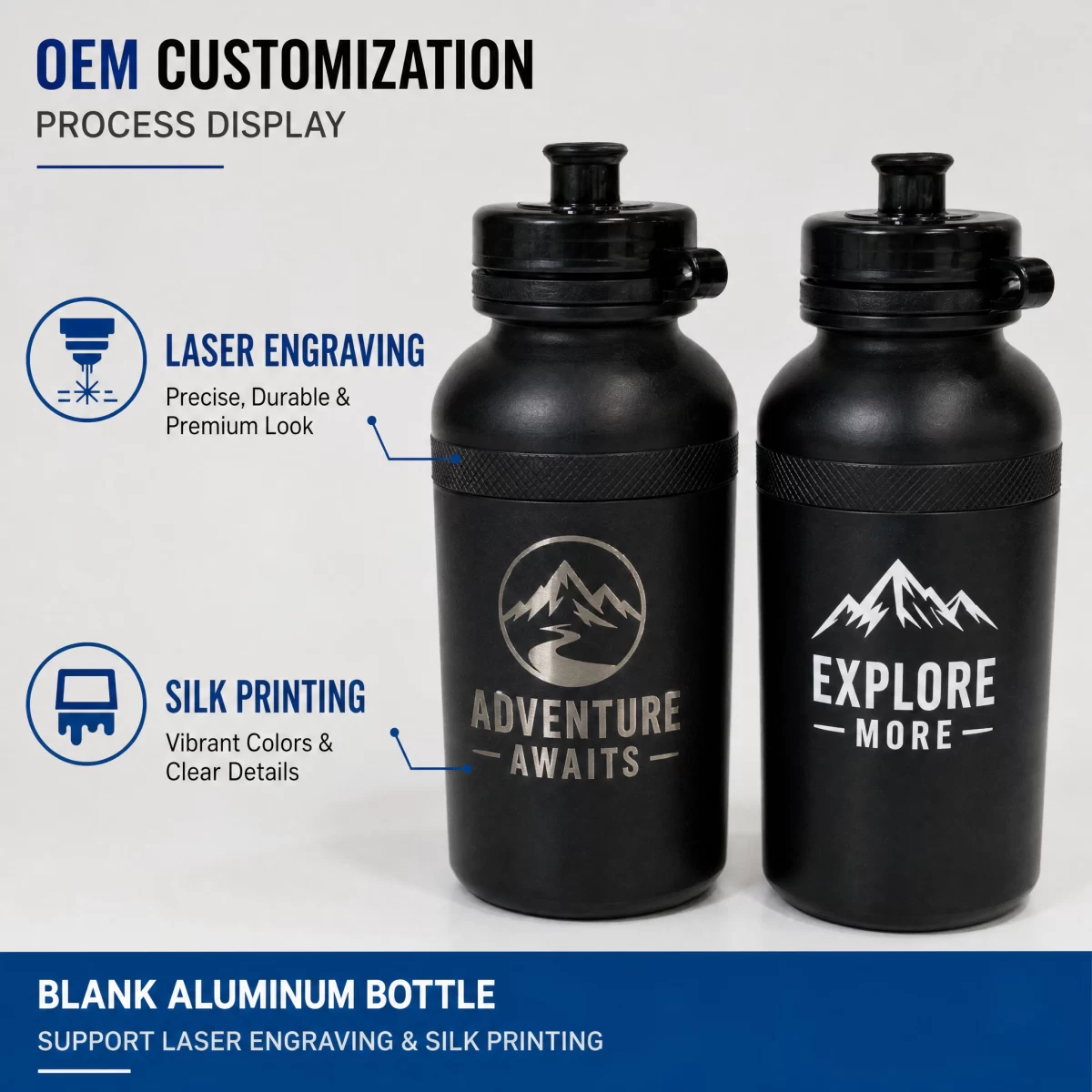 Matte Black Aluminum Squeeze Tactical Water Bottle, 750ml / 25oz Lightweight Portable Outdoor Water Bottle with Self-Sealing Nozzle & Side Loop for Hiking Camping Tactical Training Daily Carry | Blank Custom Logo Wholesale