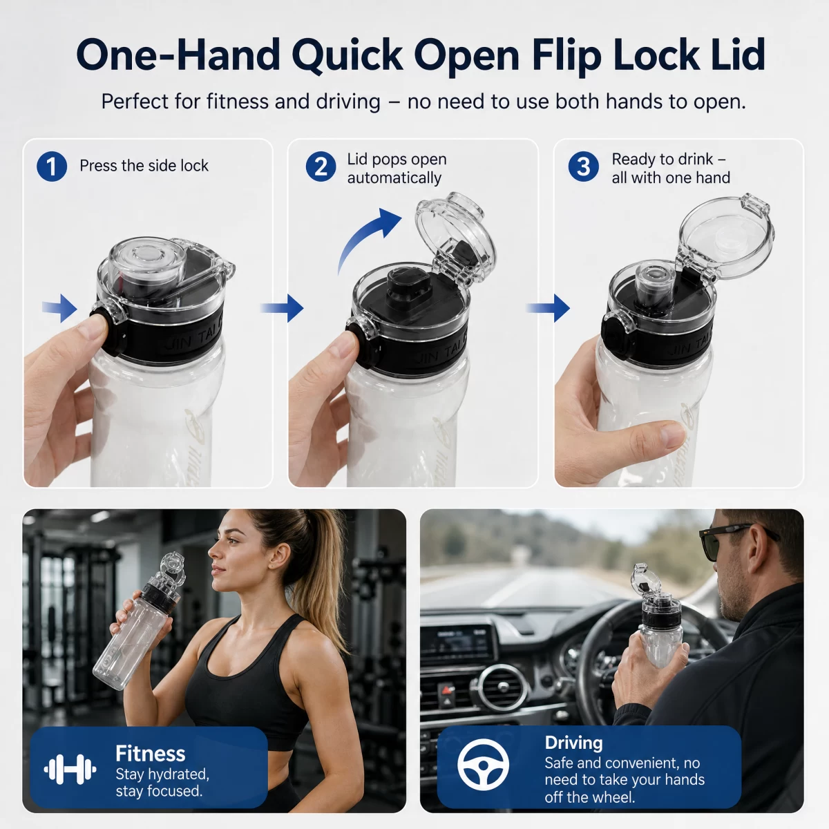 Flip Top Sports Water Bottle, BPA Free Tritan Clear Water Bottle with Lockable One-Click Lid, Portable Leakproof Gym Travel Water Bottle for Outdoor Fitness | Custom Logo Wholesale