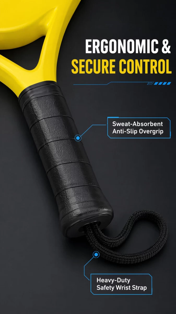 Padel Racket Safety Strap & Honeycomb Core Paddle - High Bounce